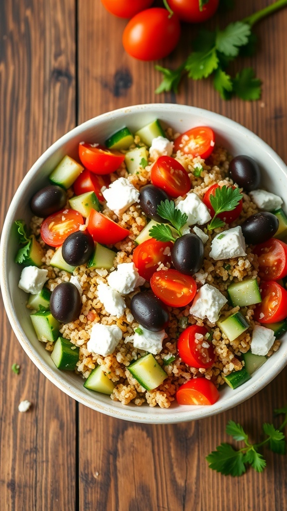 Chilled Mediterranean quinoa salad with cucumbers, tomatoes, olives, and feta cheese in a bowl on a rustic table.